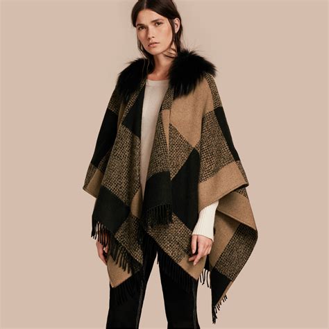 fake burberry blanket poncho|Burberry fur trimmed poncho.